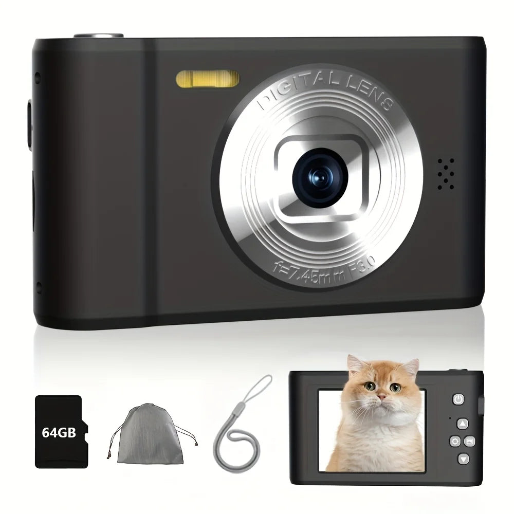 FUNNY PANDA Pink Digital Camera, 44MP 1080P Vlogging Camera with 16X Zoom, 2.2 Inch Screen, Self Timer, Webcam Mode, Plug and Play, 64GB Card Included, Ultra Lightweight Compact Retro Design