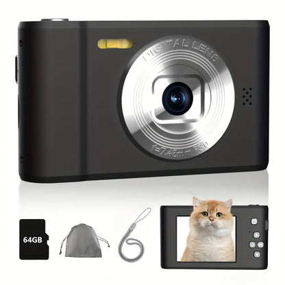 FUNNY PANDA Pink Digital Camera, 44MP 1080P Vlogging Camera with 16X Zoom, 2.2 Inch Screen, Self Timer, Webcam Mode, Plug and Play, 64GB Card Included, Ultra Lightweight Compact Retro Design