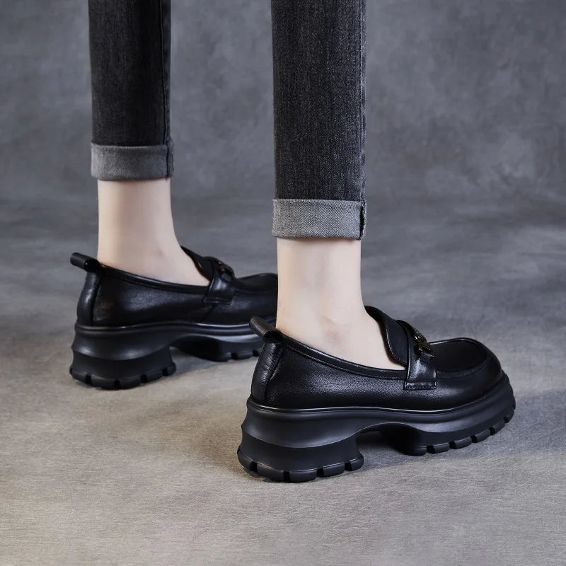 DRKANOL Women Genuine Leather Loafers 2026 Spring Autumn Thick High Heel Chunky Platform Handmade Retro Metal Trend Casual Shoes