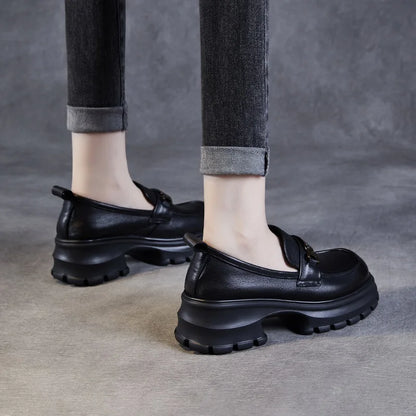 DRKANOL Women Genuine Leather Loafers 2026 Spring Autumn Thick High Heel Chunky Platform Handmade Retro Metal Trend Casual Shoes