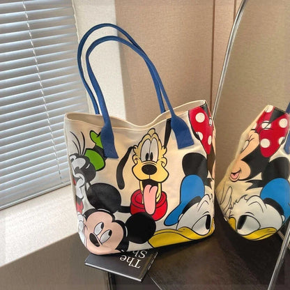 Cartoon Mickey Tote Bag Canvas Bag with Goofy Pattern Shoulder Bag Fashion Travel Large Capacity Canvas Bag Women Shopping Use