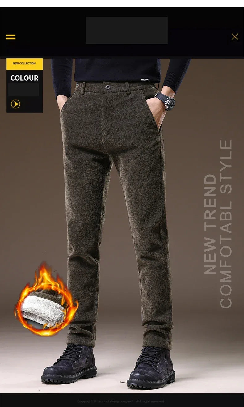 Casual Pants Men Winter New Fleece Business Elastic Waist Slim Korean Warm Thick Brushed Plush Trousers Male 28-38