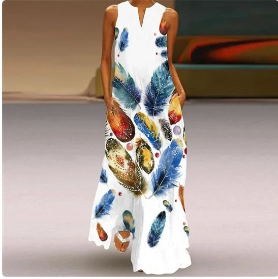 Sleeveless Feather Printed Dress Bohemian Vest Dresses Trendy Beach Casual Loose Robe Colorful Summer