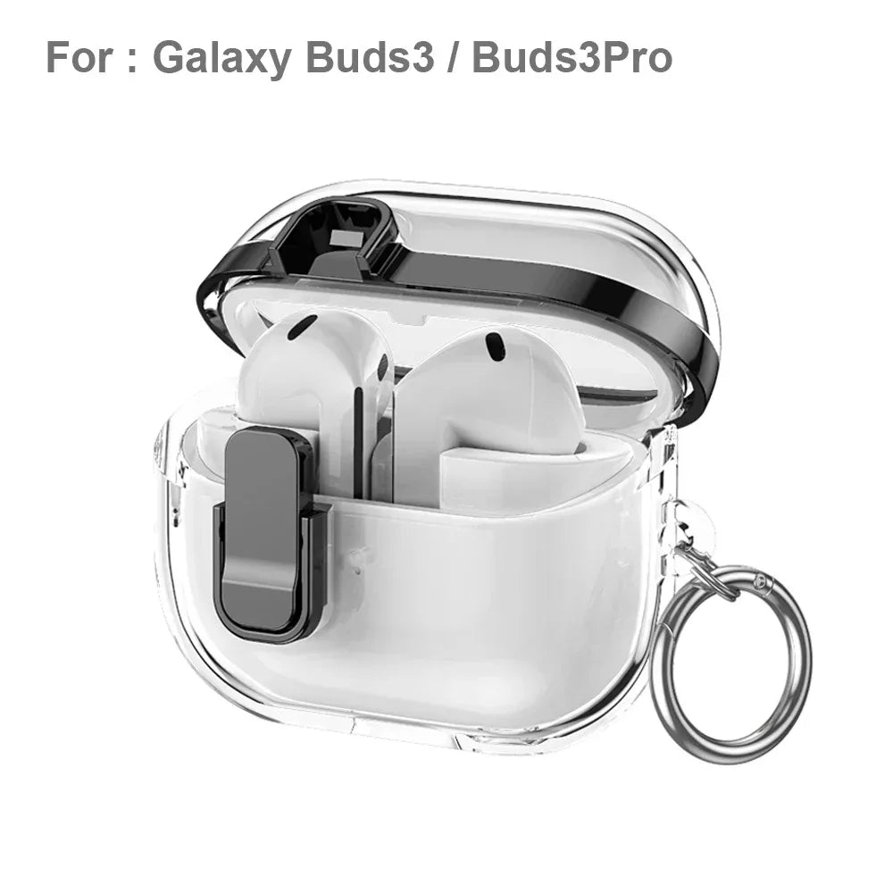 Transparent Secure Lock Earphone Cover For Samsung Galaxy Buds 3 / Buds 3 Pro Case Shockproof With Keychain Cleaning Accessories