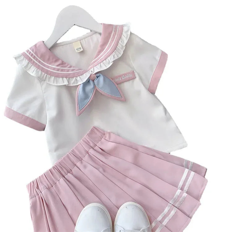 2025 autumn winter sailor T shirt blouse + jk pleated skirt toddler girls cotton teenager children  6 7 8 9 10 11 12 year