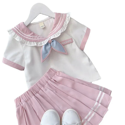 2025 autumn winter sailor T shirt blouse + jk pleated skirt toddler girls cotton teenager children  6 7 8 9 10 11 12 year