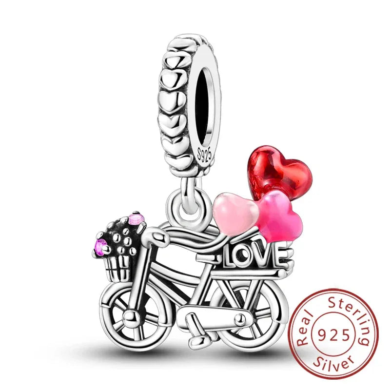 925 Silver Valentine's Day Charms Bead Sparkling Sweet Heart Rose Bear Charm Fit Original Bracelet Bangle Woman DIY Jewelry Gift