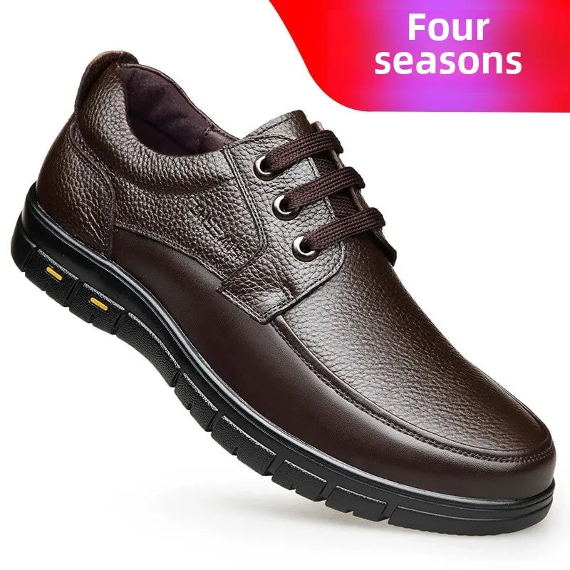 Autumn Men's Leather Shoes True Cowhide Flat Bottom Anti-Slip Plus Size Casual Elderly Father Shoes Rubber Sole China Made