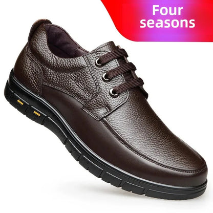 Autumn Men's Leather Shoes True Cowhide Flat Bottom Anti-Slip Plus Size Casual Elderly Father Shoes Rubber Sole China Made