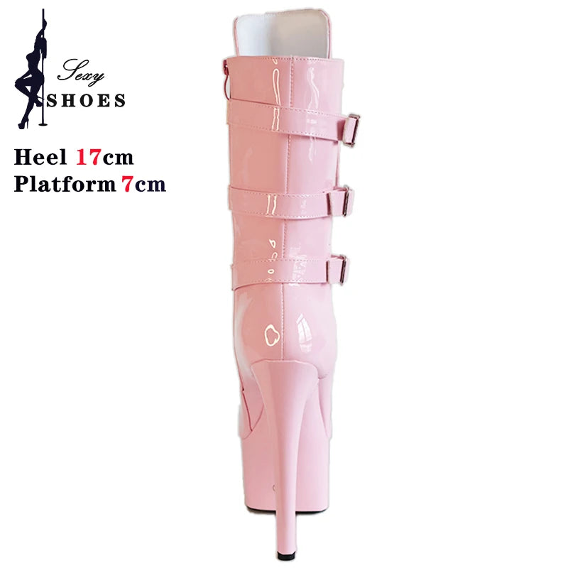 Pink 17cm/7Inch Sexy Punk Black Platform Pole Dance Women's Boots Stripper Heels Ankle Boots High Heels Zip Belt Buckle Shoes