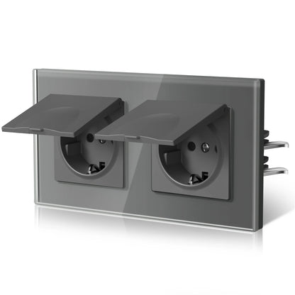 BSEED EU Standard Wall Electric Socket With Cover 16A Bathroom Power Sockets Outdoor Outlet Waterproof Glass Panels E Series