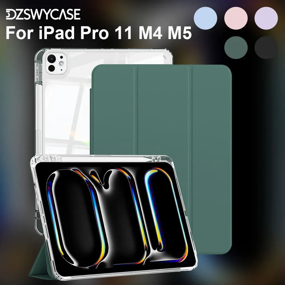 Case for iPad Pro 11 M4 M5 2024 2025, with Pencil Holder, Shockproof Slim Cover with Clear Hard PC Back Shell, Auto Sleep/Wake