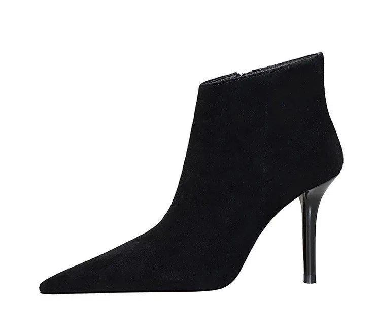 BIGTREE Shoes Suede Ankle Boots For Women Heels Winter Boots Pointed Stilettos High-heeled Boots Side Zipper Black Short Boots