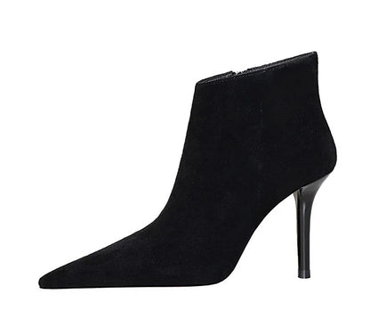 BIGTREE Shoes Suede Ankle Boots For Women Heels Winter Boots Pointed Stilettos High-heeled Boots Side Zipper Black Short Boots