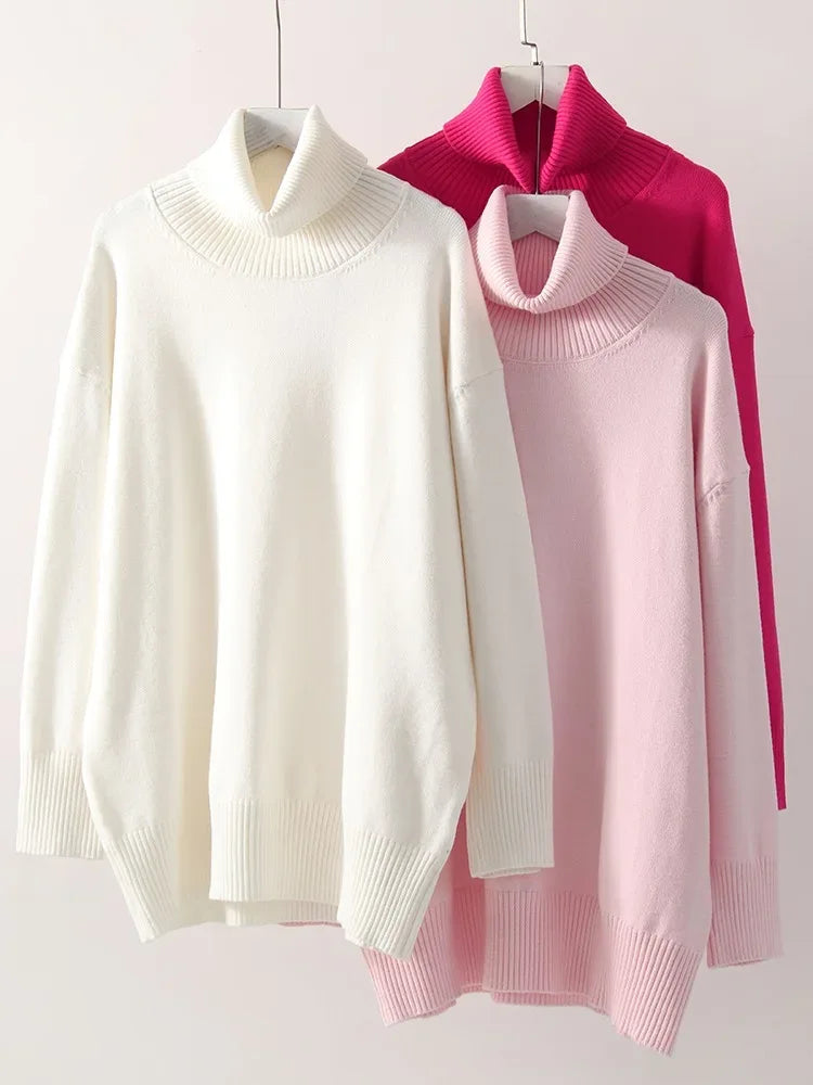 Winter Pink Turtleneck Sweaters Women Oversized Autumn Warm Women's Jumper Loose Basic White Turtleneck For Women Pullovers