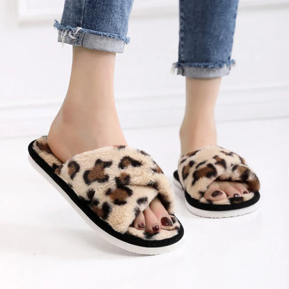 Autumn Winter Leopard Print Slippers Women's Fashion Plush Fur Slides Home Flip Flops Indoor Warm EVA Anti Slip Living Room Shoe