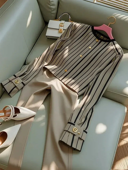 Autumn Korean Fashion High End Long Sleeve Stripe Shirt High Waist Slim Suit Pants Formal Commuter Two Piece Set Women Outfits