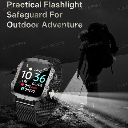 2026 Rugged Military Smart Watch Men's Outdoor Watch LED Flashlight 2.01'' HD Touch Screen Voice Bluetooth Call Smartwatch Gifts