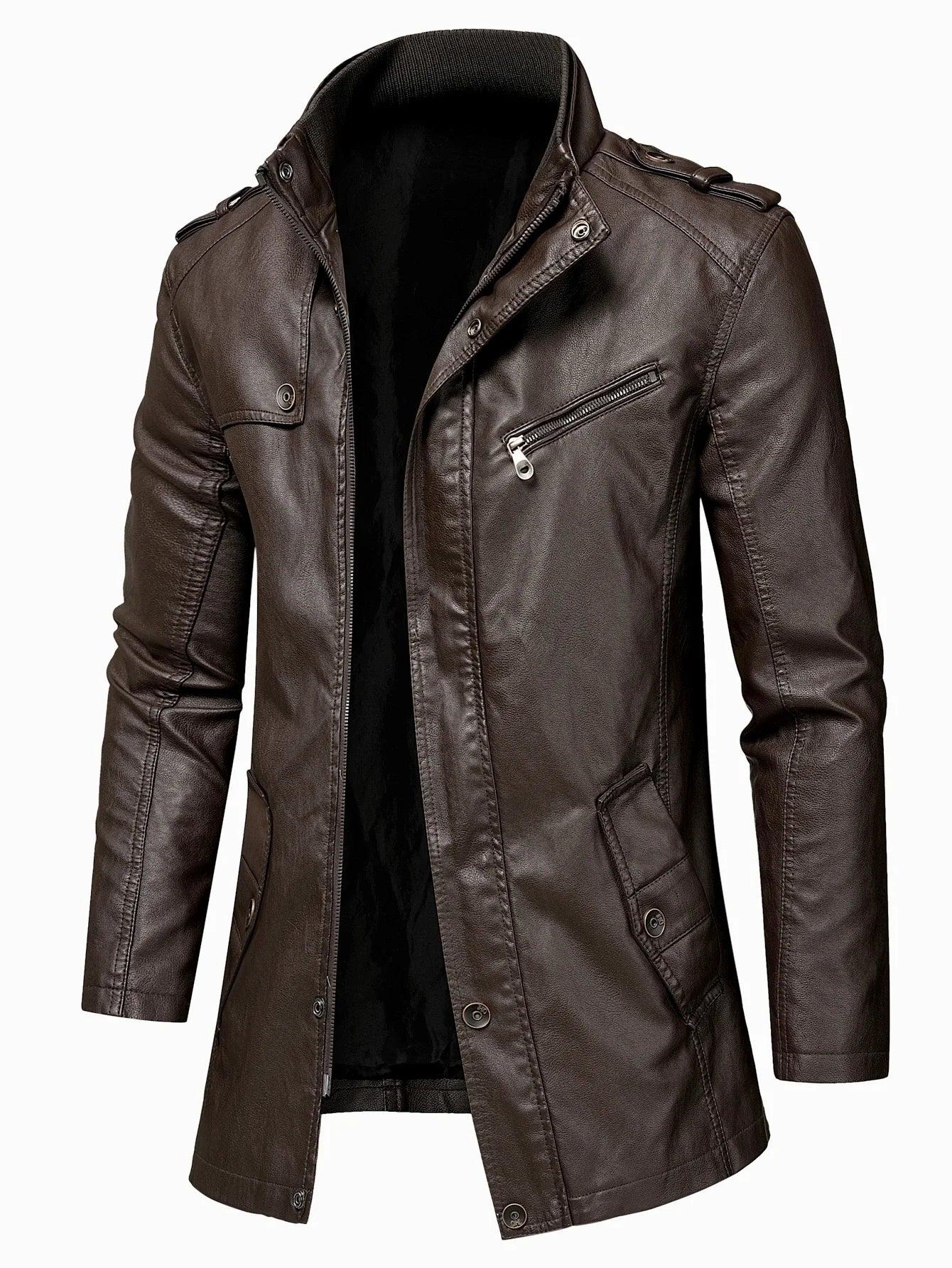 Men Long Coat Men Autumn Fashion Long Warm Pocket Leather Jacket Men Winter Casual England Style Vintage Leather Jacket Parkas