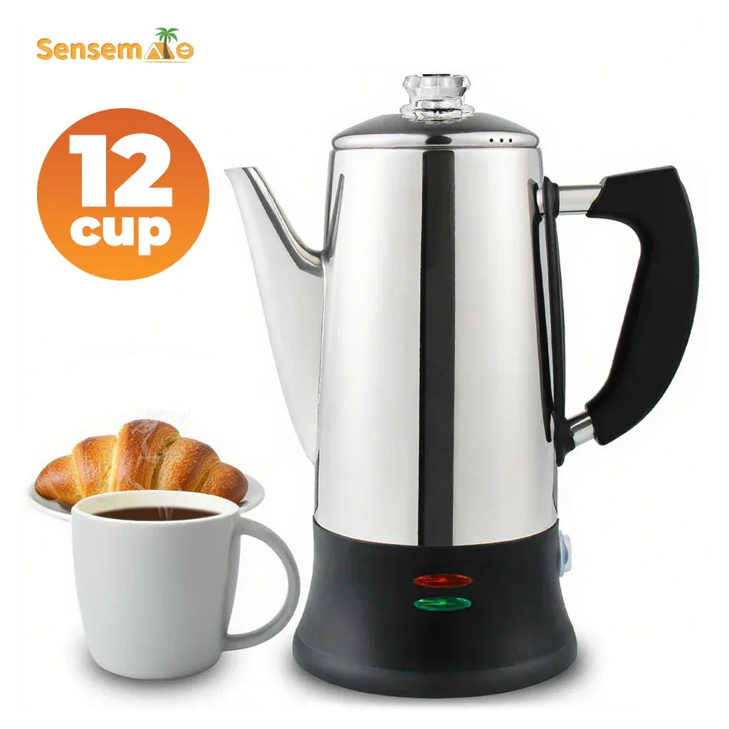 1.8L Electric Coffee Percolator 12 Cup Stainless Steel Coffee Pot with Keep Warm Function Reusable Filter Basket Coffee Maker