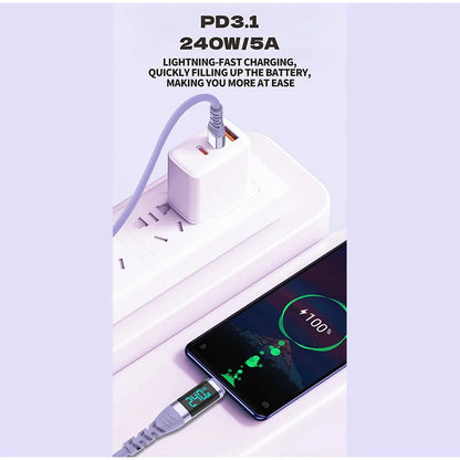 240W USB C Cable with Digital Display PD3.1 Fast Charging Cord for iPhone 17/1615 Pro Max Huawei Xiaomi iPad Laptop