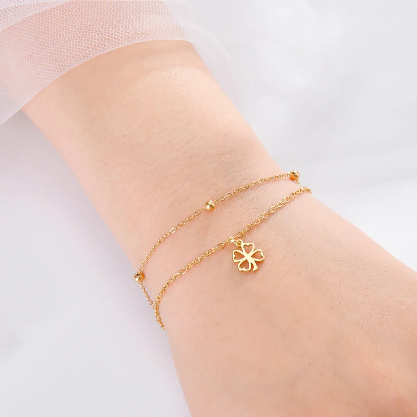 Sipuris  Four Leaf Clover Bracelet For Women Stainless Steel Trendy Double Chain Lucky Amulet Pendant Jewelry Christmas Gifts