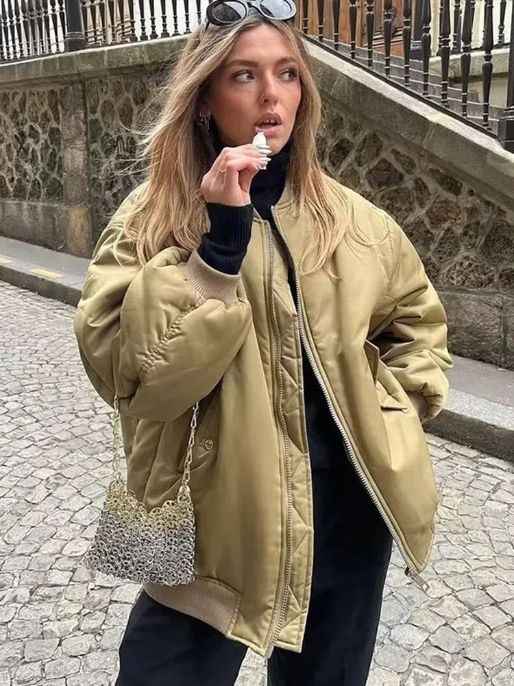 Retro Solid Zipper Cotton Jackets Women Casual Loose Bomber Jacket With Oblique Pockets Female Y2k Autumn Chic Street Outwear