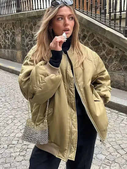 Retro Solid Zipper Cotton Jackets Women Casual Loose Bomber Jacket With Oblique Pockets Female Y2k Autumn Chic Street Outwear