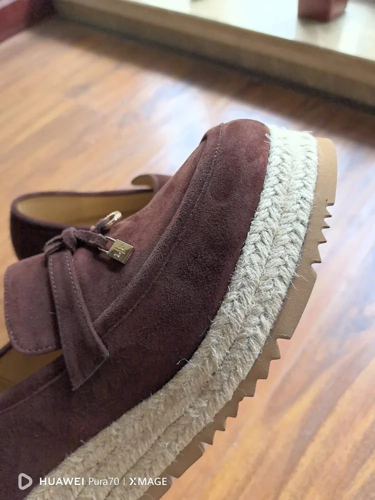 MKKHOU Fashion Loafers New High Quality Real Leather Suede Vintage Straw Braid Platform Shoes Daily Casual Light Shoes Neutral