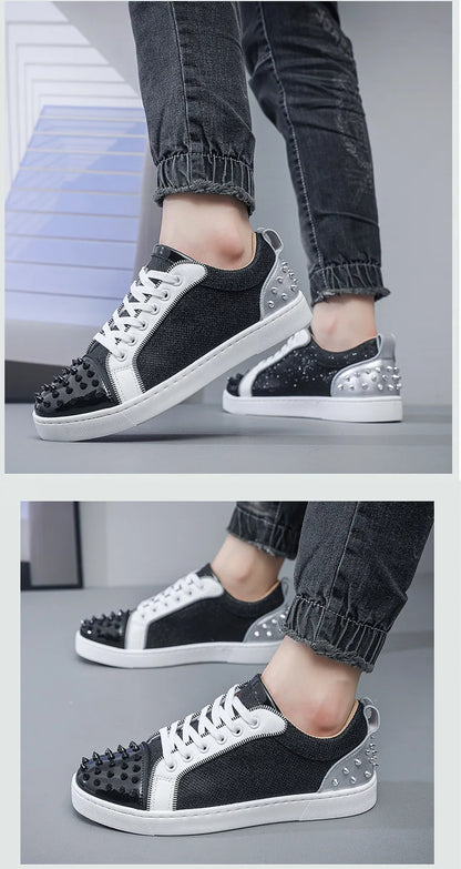 New Fashion Silver Trainers Glitter Spiky Shoes Men Lace Up Sneakers Low Top Shoes Red Sole Man Designer Sneaker With Spikes