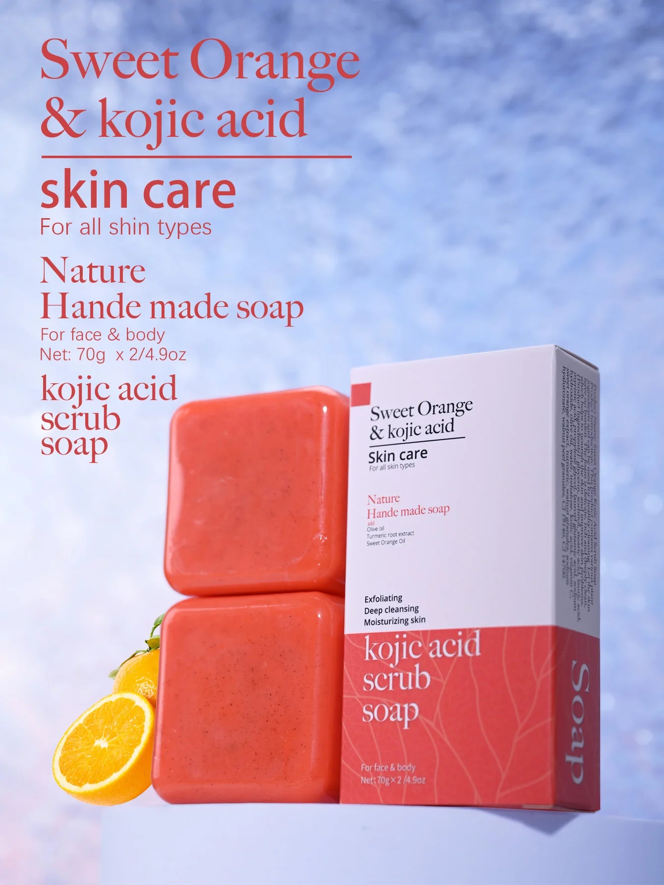 Kojic Acid Scrub Soap orange Fragrance Body Face Wash Nature Ingredient Papaya Floral Pattern Paper Style Bath