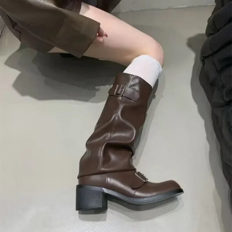 Woman Boots Knee High Platform Chunky Heels Trend Punk Gothic New Rock Leather Fashion Women's Shoes Motorcycle Footwear Q221