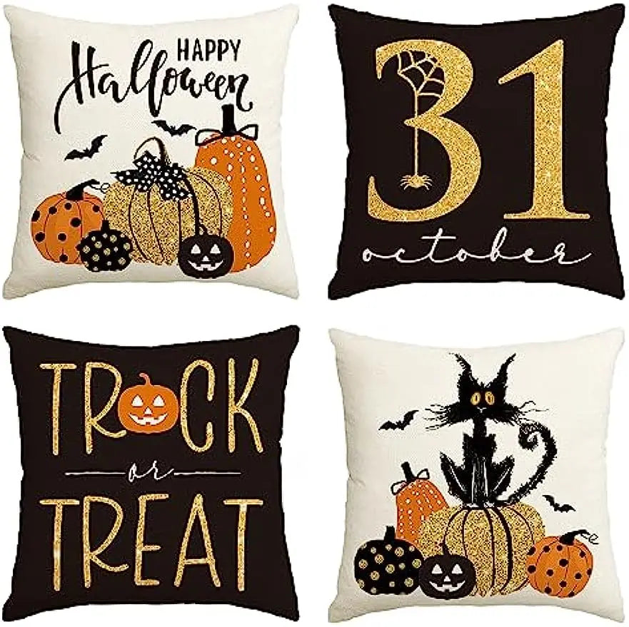 Linen Square Pillow Cover Pumpkin Cat Happy Halloween Trick Or Treat Autumn Decorative Sofa Cushion Cover Living Room