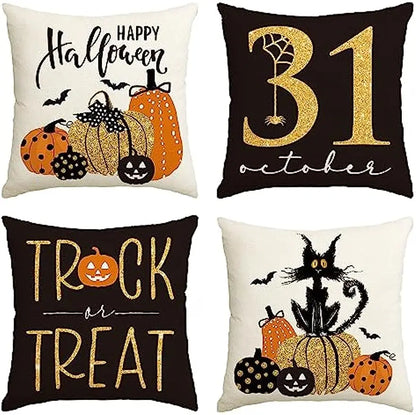 Linen Square Pillow Cover Pumpkin Cat Happy Halloween Trick Or Treat Autumn Decorative Sofa Cushion Cover Living Room