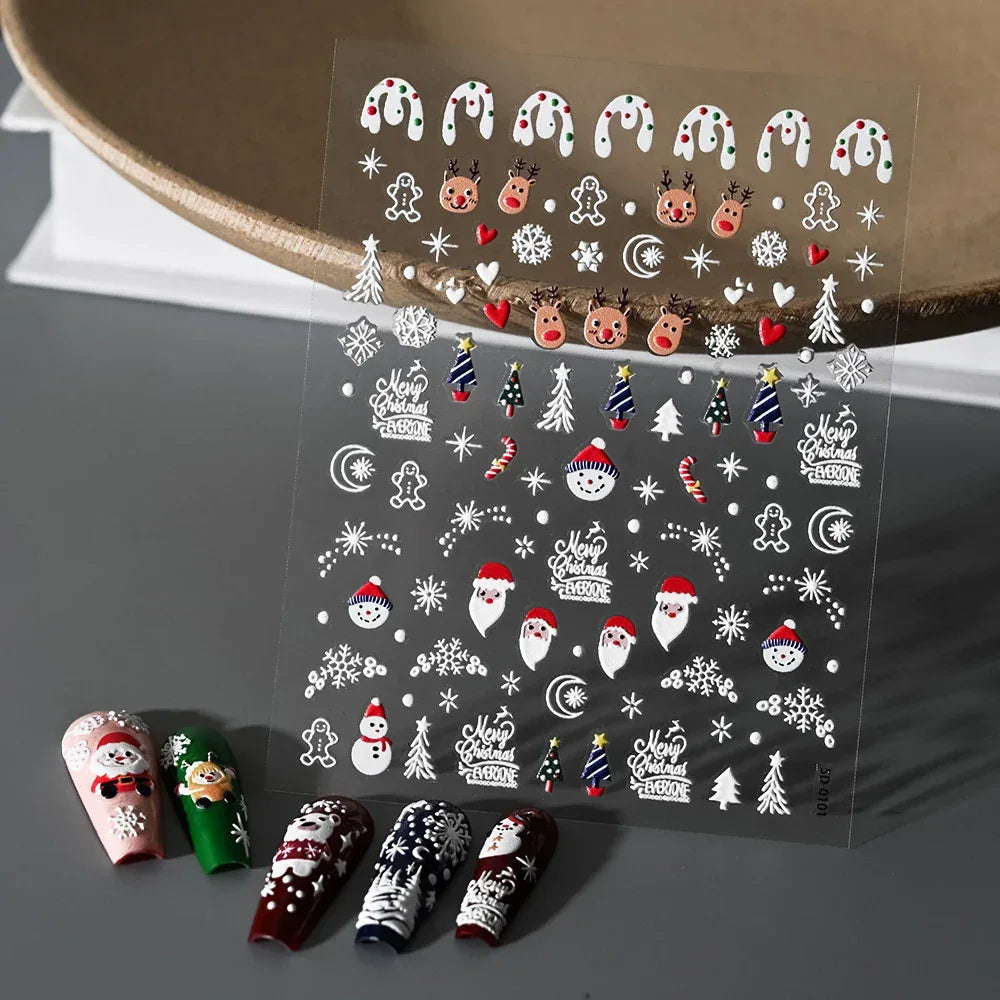 1pc Christmas Nail Art Stickers 5D Winter Holiday Themed Nail Decor Santa/Snowflakes/Christmas Trees/Gingerbread Nail Supplies *