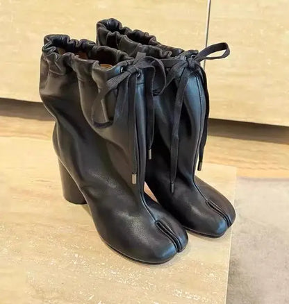 Leather Split Toe Tabi Boots For Women Chunky High Heels Women Shoes Ankle Boots Black Fashion Brand Designer Botas Mujer