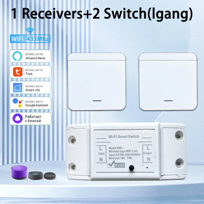 Tuya WIFI Switch 433MHz Smart Home Automation Relay Module 1/2/3 Gang Wireless Wall Switch Home Control Works with Alexa Google