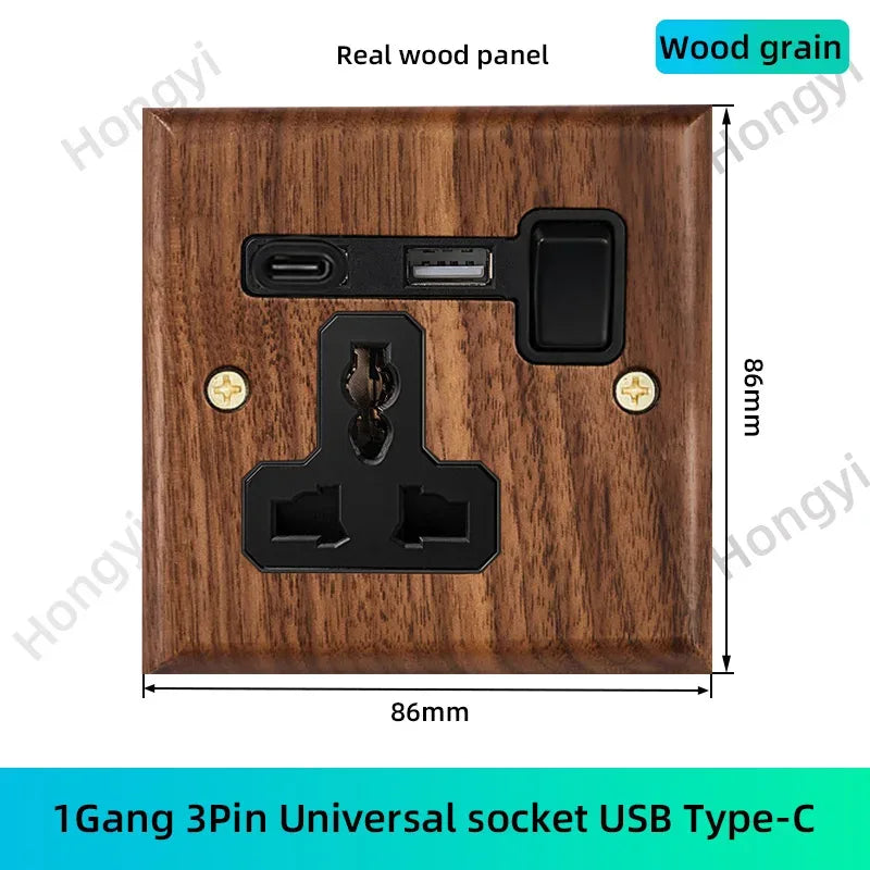 Black walnut retro European retro wall lamp switch socket, solid wood brass toggle switch board 1-4Gang 2Way antique home switch