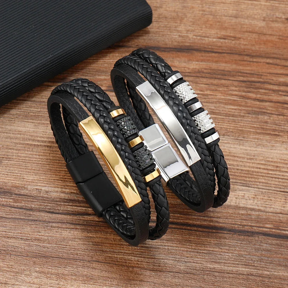 Custom Name To My Son Fashionable Titanium Steel CreativeLeather Woven BraceletWith Gift Box For Son  Birthday Christmas Gift