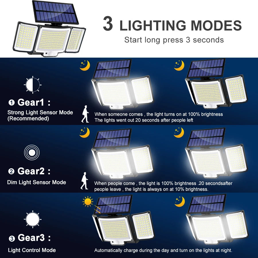 Solar Outdoor Motion Sensor Lights 348/328 LED Security Flood Wall Lamp Remote Control 270° IP65 Waterproof Outdoor Lighting