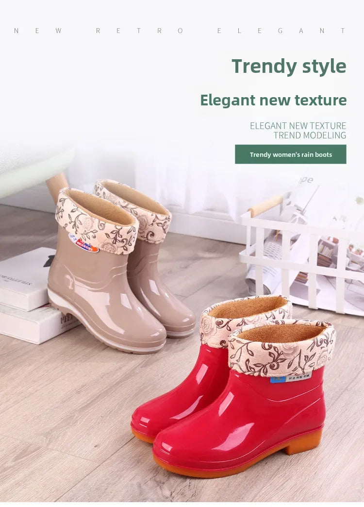 Women's Short Rain Shoes Non-slip Waterproof Rubber Boots Durable Wear-resistant Rain Boots Fleece Lined Warm Shoes Wholesale