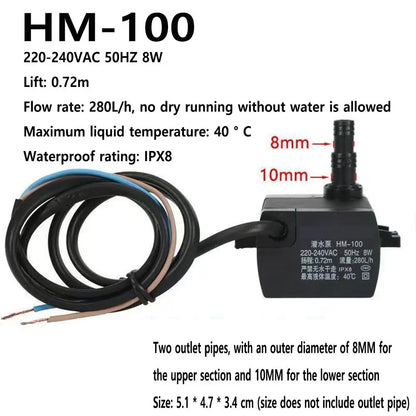 HM-100 Air Conditioning Fan Submersible Pump Universal 220-240VAC 50Hz 8W Cold Fan Pumping Pump Lift: 0.72m Flow Rate: 280L/h