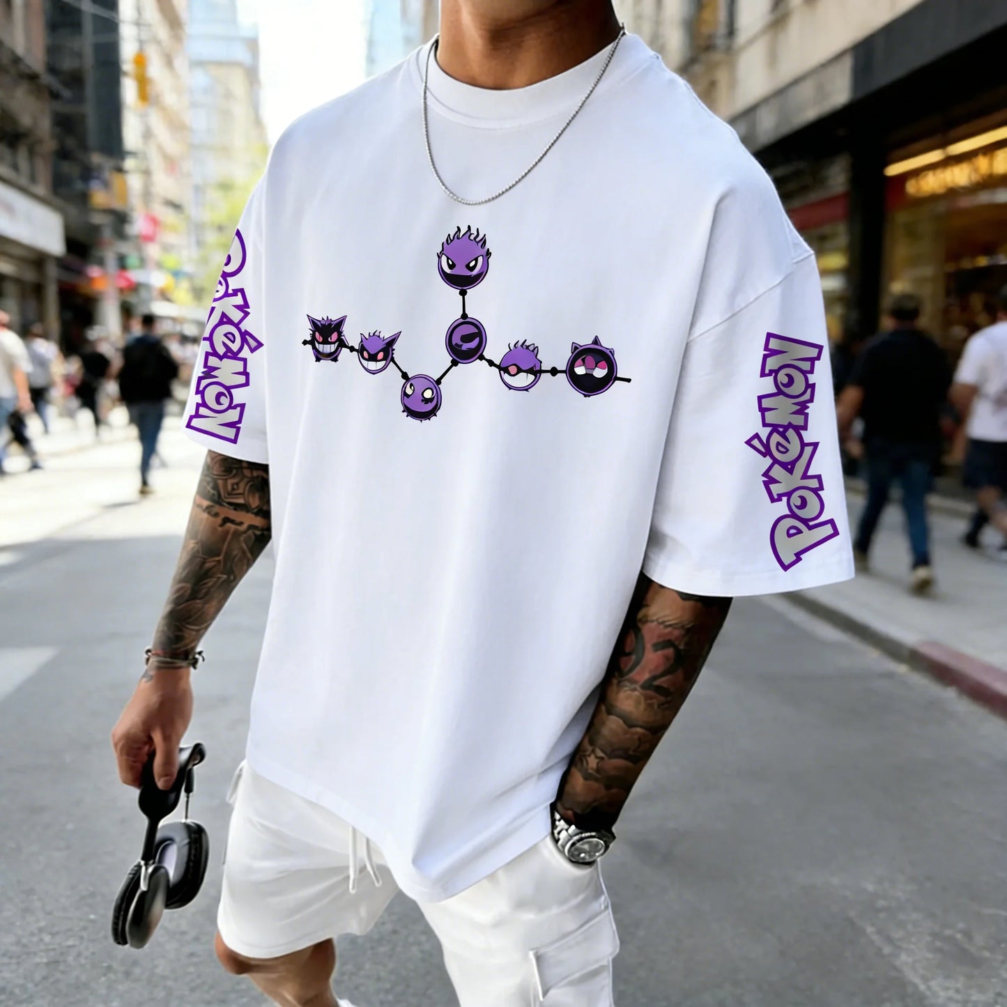 Men's T Shirt Sports T Shirt Short Sleeve T Shirt Purple Gengar Back Print Red Eyes Sharp Teeth with Smoke Sleeve Patterns