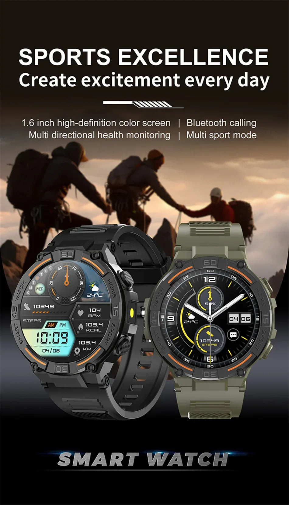 2025 New Sport Smart Watch Men 360*360 HD Screen Flashlight Health Monitoring IP68 Waterproof Heart Rate BT Call Smartwatch Man