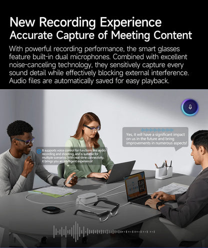 Lunettes intelligentes avec traduction IA, caméra HD 8 mégapixels, stabilisation optique de l'image, double microphone et réduction du bruit.