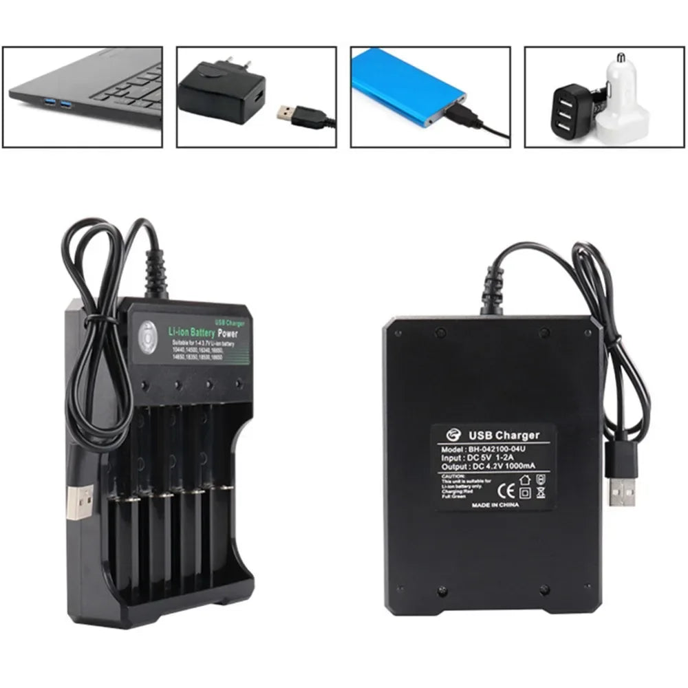 18650 Li-ion Battery Charger 2 3 4 Slots 110V 220V USB A Port For 18650 18700 Charging 3.7V Rechargeable Lithium Battery Charger