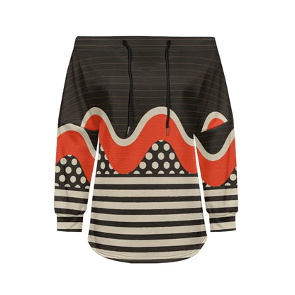 Trendy Off-Shoulder Sweatshirts with Striped & Polka Dot Patterns Drawstring Casual Loose-Fit Top for Women Casual Streetwear