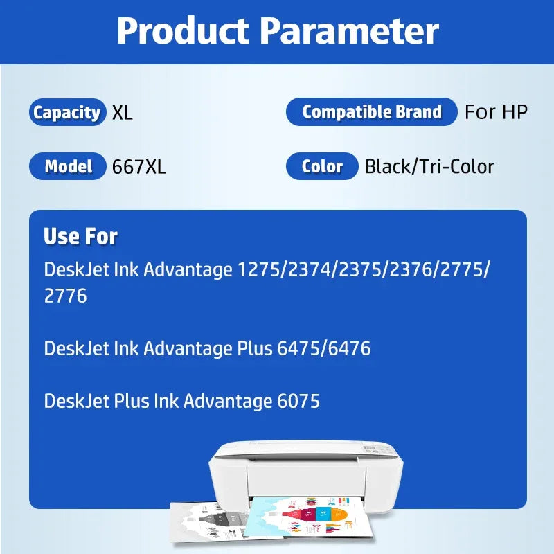 667 XL Ink Cartridge Replacement For HP667 HP 667XL Compatible DeskJet Ink Advantage 1275 2374 2375 2376 2775 2776 Printer