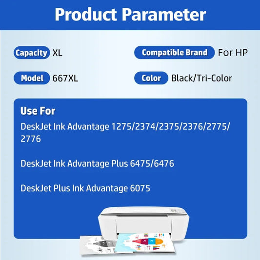 667 XL Ink Cartridge Replacement For HP667 HP 667XL Compatible DeskJet Ink Advantage 1275 2374 2375 2376 2775 2776 Printer