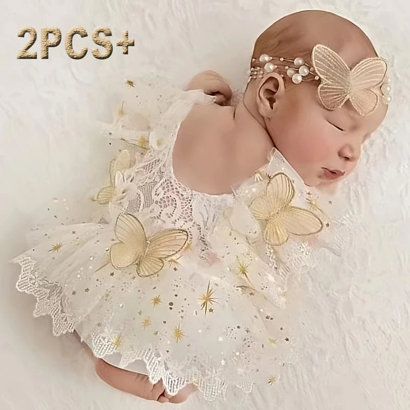 2Pcs Newborn Photography Outfit Baby Girl Butterfly Glitter Star Lace Romper With Pearl Headband Infant Photo Props